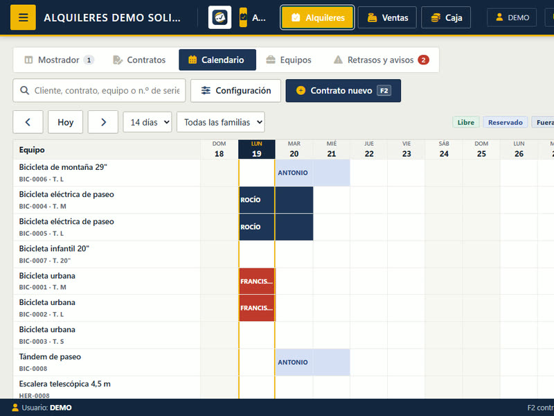 Calendario de disponibilidad de cada equipo