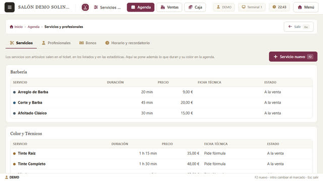 Servicios con su precio y su duración