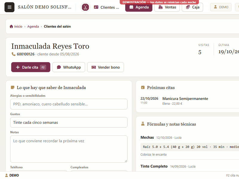 Ficha del cliente con sus fórmulas de color
