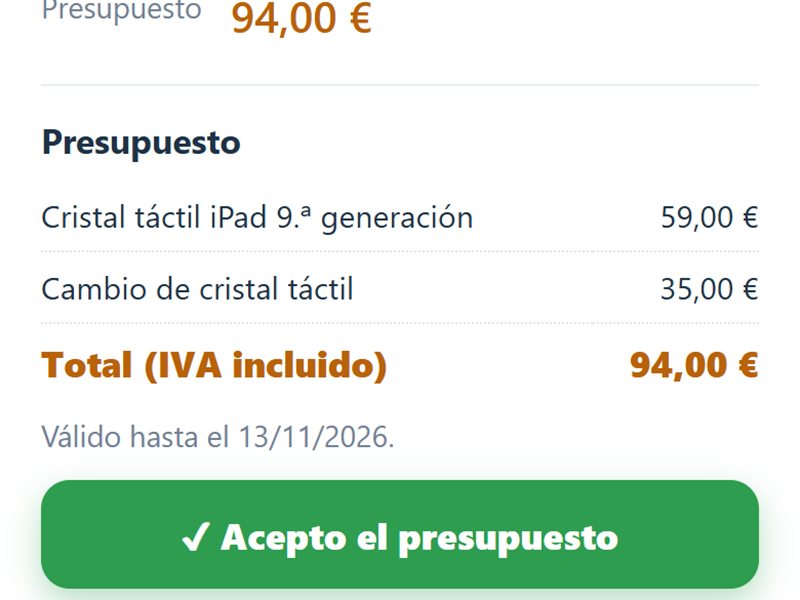 El cliente acepta el presupuesto desde su móvil