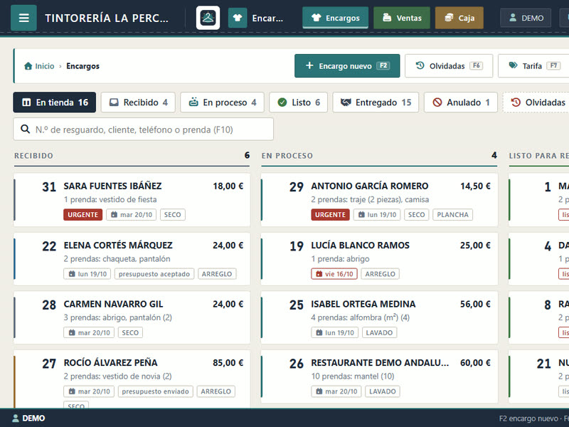 Los encargos, cada uno en su columna