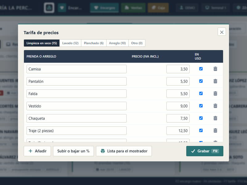 Tarifa de precios por servicio